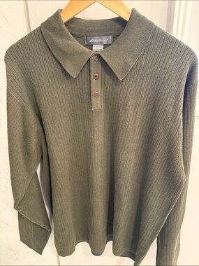 Eddie Bauer Olive Ribbed Polo V-Neck Sweater